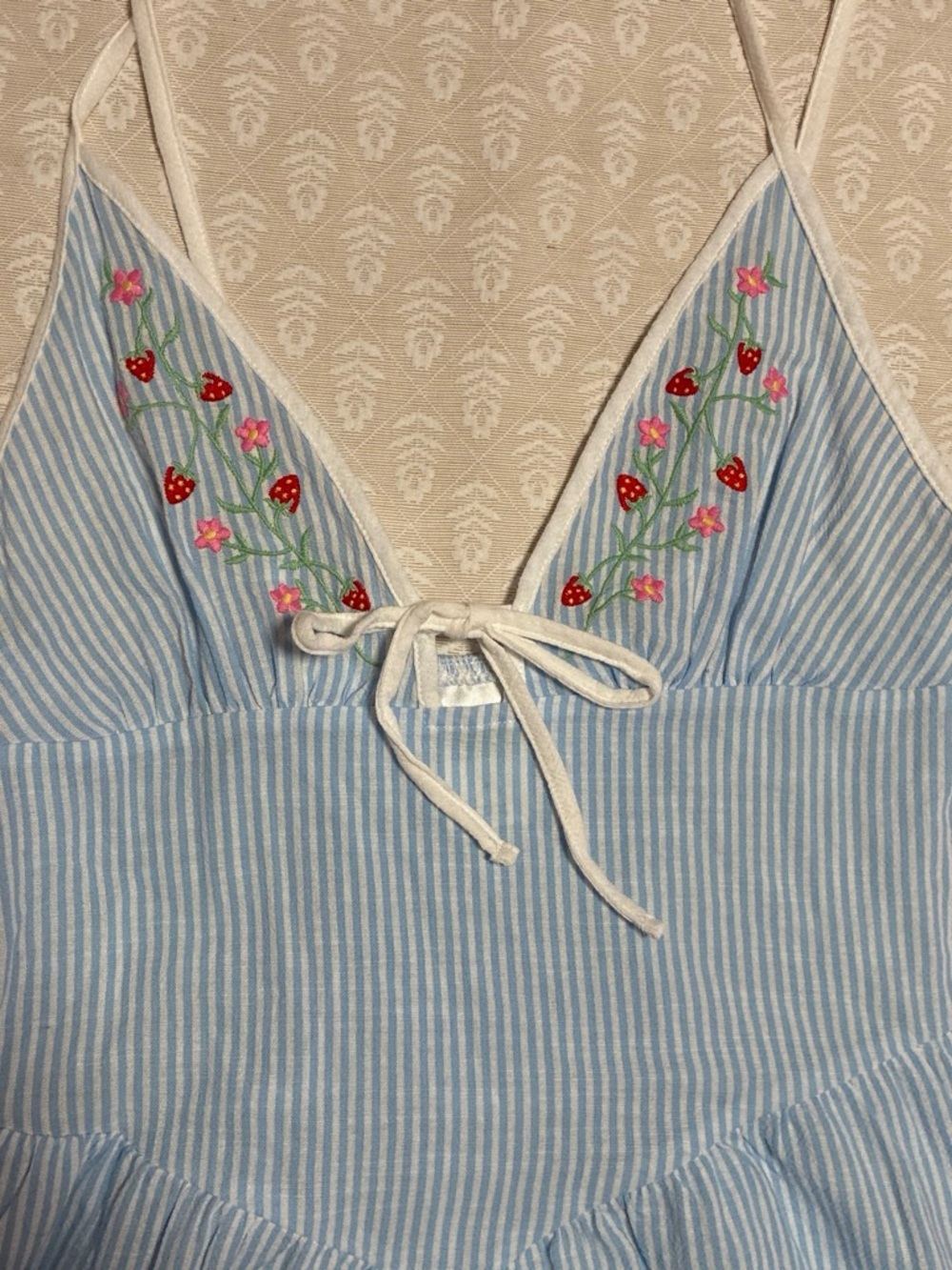 Light Blue Striped Embroidered Strawberry Tank Top - Unbranded